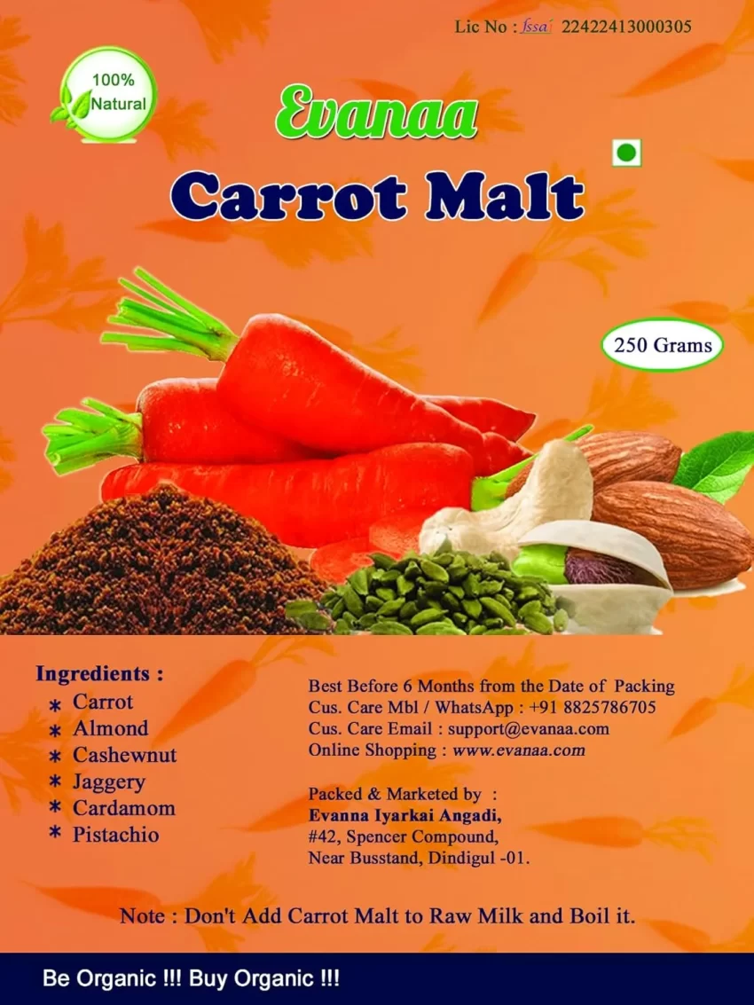 Evanaa Carrot Malt (250g) | Rich in Antioxidants | Immune-Boosting | 100% Natural & Homemade Carrot Powder | Nutritious Diet Drink for Kids, Adults & Elders